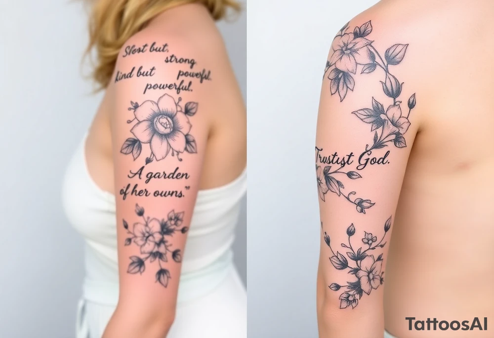 🌿


They are all connected 
 Right Arm Sleeve
	•	Top shoulder: “Soft but strong, kind but powerful.”
→ Wrapped with light olive vines
	•	Mid-arm: Peonies, lilies, tulips (your favorites)
→ Optional red ink in petal accents
	•	Lower arm/wrist: Vine wrap
→ Script: “Trust God”
	•	Style: Light, flowing, fine-line — NOT bold or filled-in

⸻

🌸 Spine Tattoo & Flow
	•	Already present floral spine tattoo
	•	New elements will connect from your sleeve, flow down from the right shoulder, lightly wrapping into your back
	•	Inspired by the reference with floral script diagonally across the spine
	•	Optional soft red ink details to enhance movement

⸻

🍑 Left Thigh + Butt
	•	Quote: “A garden of her own”
→ Placed on side of butt, flowing from lower back
	•	Floral extension down the thigh — tulips/peonies
	•	Minimal, romantic, fine-line

⸻ tattoo idea