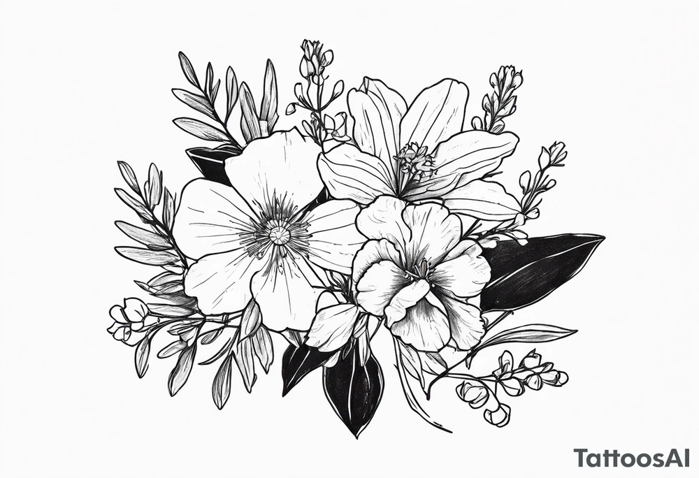 Small, fine line Birth flower bouquet with 2 violets, 3 larkspur, 2 aster, no leaves tattoo idea