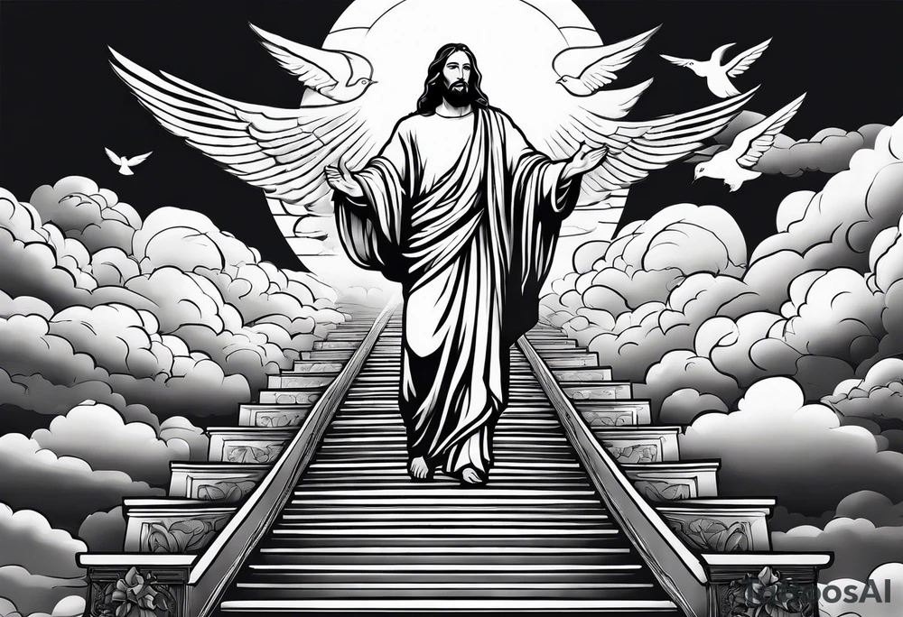 Jesus standing on a flight of stairs with clouds, sunshine and a dove in the background tattoo idea