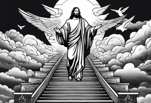 Jesus standing on a flight of stairs with clouds, sunshine and a dove in the background tattoo idea