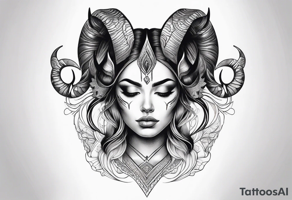 symmetrical woman head with curved horns facing downwards dark realism looking front facing view tattoo idea