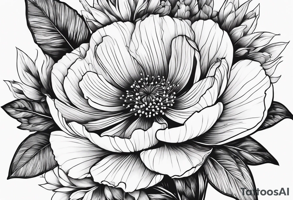 Symbolic shadowed black drawings on the background of different colored flowers tattoo idea