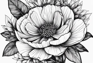 Symbolic shadowed black drawings on the background of different colored flowers tattoo idea