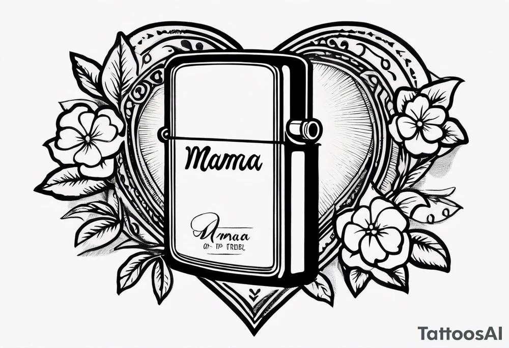 A tattoo of a vintage zippo lighter with a traditional heart engraved on the front.. inside the heart is quote "MAMA" a white gardenia is in front of the zippo and a string of pearls surrounds it.. the zippo is lit and the lid has quote "TRIED" ENGRAVED ON IT tattoo idea