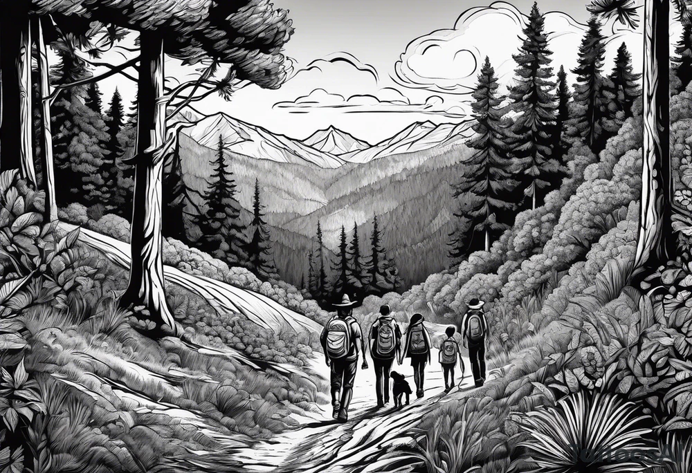 A man  with his family hiking through the Forrest. Add Mexican frame tattoo idea
