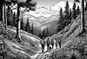 A man  with his family hiking through the Forrest. Add Mexican frame tattoo idea