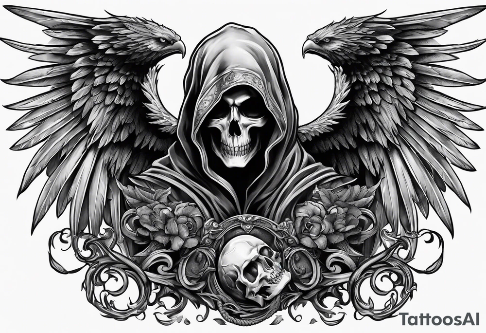 fallen reaper with wings fighting medusa tattoo idea