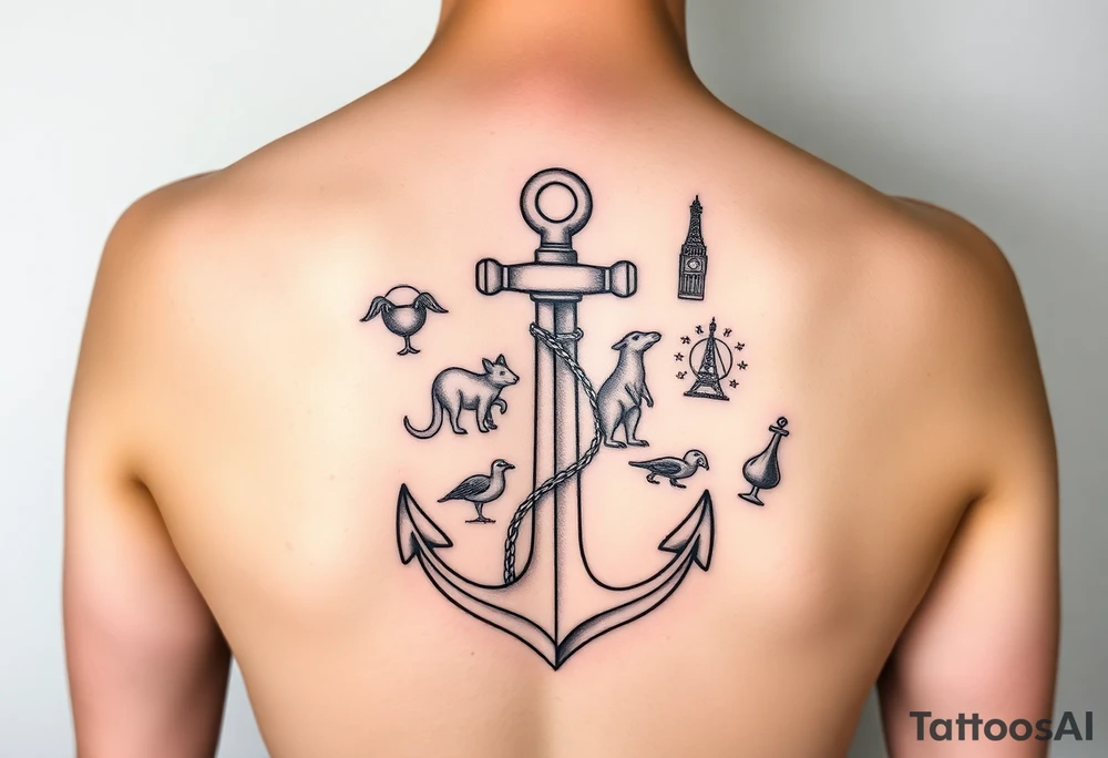 Tattoo for Female on ribs that has anchor, travel, items from each country traveled to:
Australia - kangaroo/koala 
New Zealand
United Kingdom- Big Ben 
Ireland - cliffs of mohr 
France- Eiffel tower 
Kenya - tree
Brazil - amazon
Aruba - beach 
Curacao - beach 
Jamaica - beach 
Mexico
Puerto Rico
St. Thomas
Bahamas
St. Martin
Italy - wine 
Canada - banff 
Spain - basilica 
Portugal - naticionel de Peña 
Azore islands - flowers 
Thailand- elephant 
Iceland tattoo idea