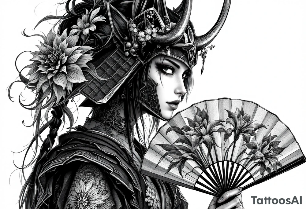 japanese samurai woman wearing a kitsune half-mask and  holding a fan with irises flowers ornement tattoo idea