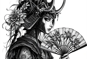 japanese samurai woman wearing a kitsune half-mask and  holding a fan with irises flowers ornement tattoo idea