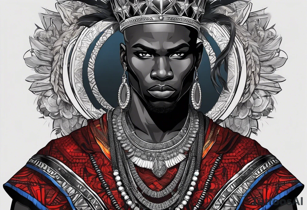 Black-skinned bald african warrior. He has a silver crown. He wears two simple necklaces: one blue, other red. Looking front tattoo idea