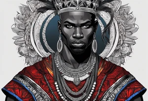 Black-skinned bald african warrior. He has a silver crown. He wears two simple necklaces: one blue, other red. Looking front tattoo idea