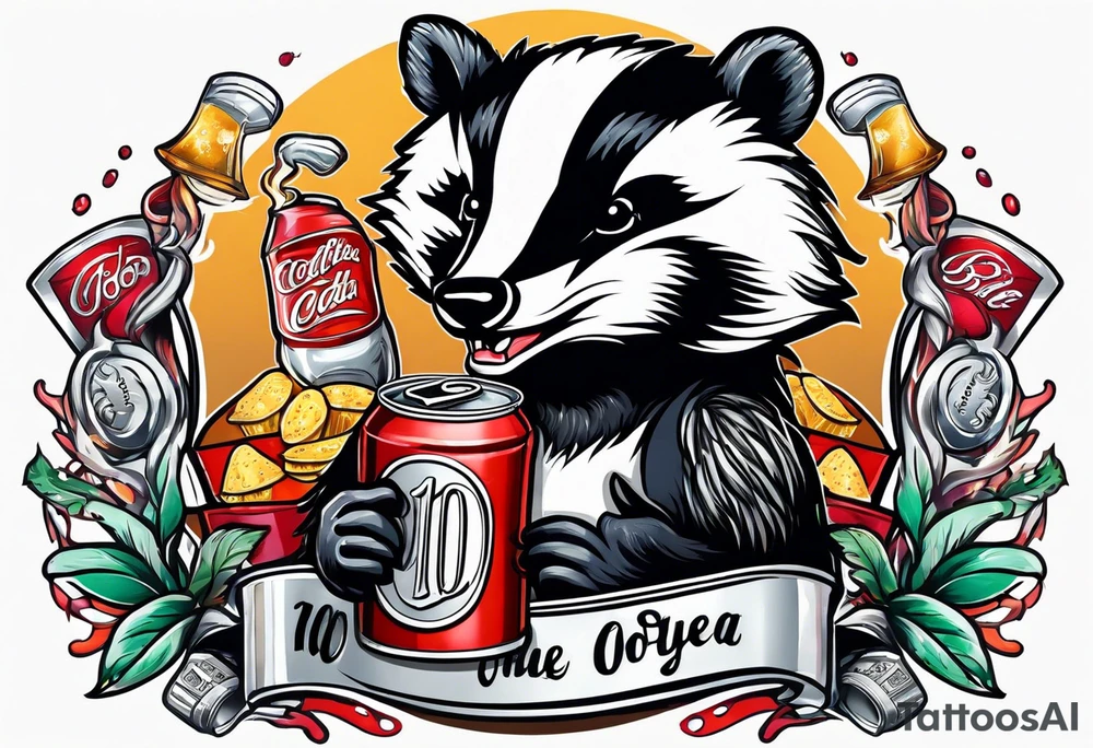 badger with mouth open with soda can and chips tattoo idea