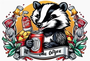 badger with mouth open with soda can and chips tattoo idea