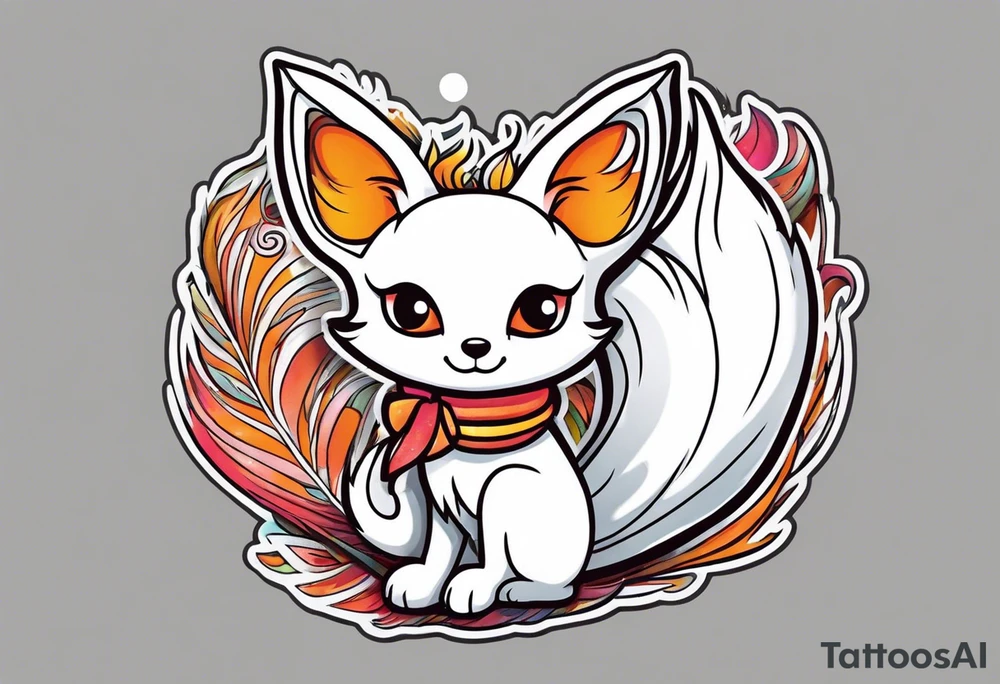 Cute white mini kitsune with three tails tattoo idea