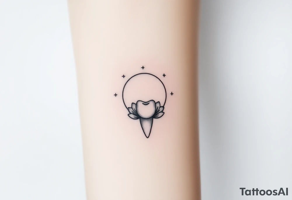 Fine-line molar tooth hanging like a pendant from a crescent moon made of delicate petals, surrounded by three faint sparkling dots, no heavy fill.” tattoo idea