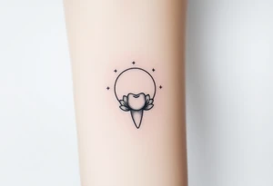 Fine-line molar tooth hanging like a pendant from a crescent moon made of delicate petals, surrounded by three faint sparkling dots, no heavy fill.” tattoo idea