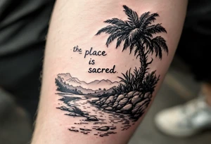 Hand written writing that says “this place is sacred” on a small breadfruit tree next to a river tattoo idea