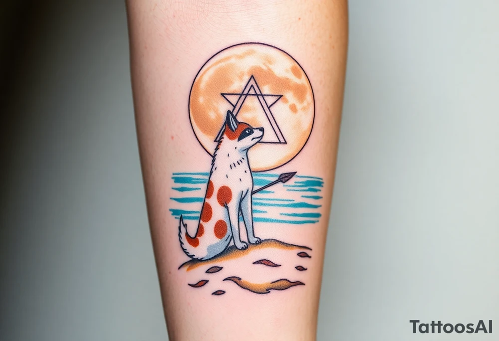 smALL HUSKY LOOKING AT A TRIBAL MOON STANDONG IN THE SAND IN THE SEA WITH THE CONSTALATION OF SAGITARIUS PUT COLOR ADD ARROW, MAKE HUSKY WHITE WITH BROWN SPOTS, MAKE ARROW FLYING tattoo idea