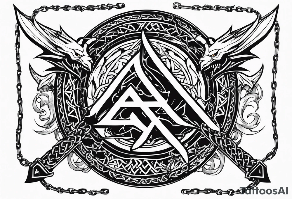 Valhalla sword shield dragon axe Valknut barbed wire chains tattoo idea Valhalla sword shield dragon axe Valknut barbed wire chains tattoo idea