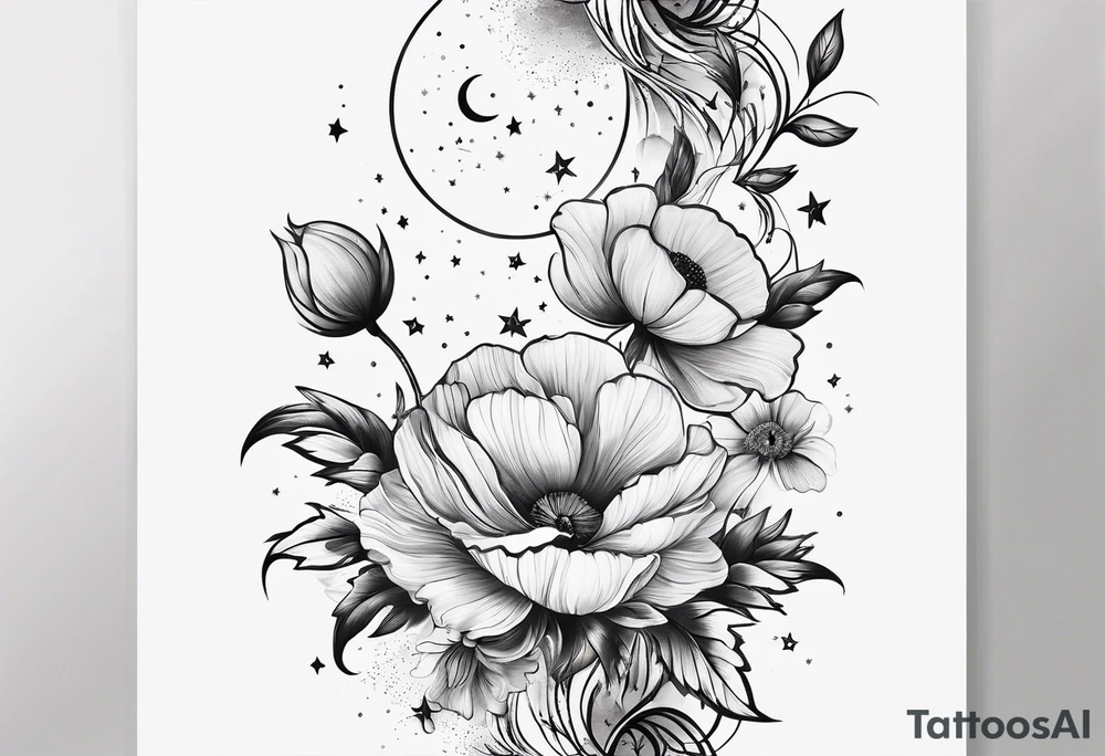 fine line vertical spine tattoo with stars, moon, clouds, poppy dainty very simple tattoo idea