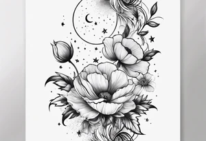 fine line vertical spine tattoo with stars, moon, clouds, poppy dainty very simple tattoo idea