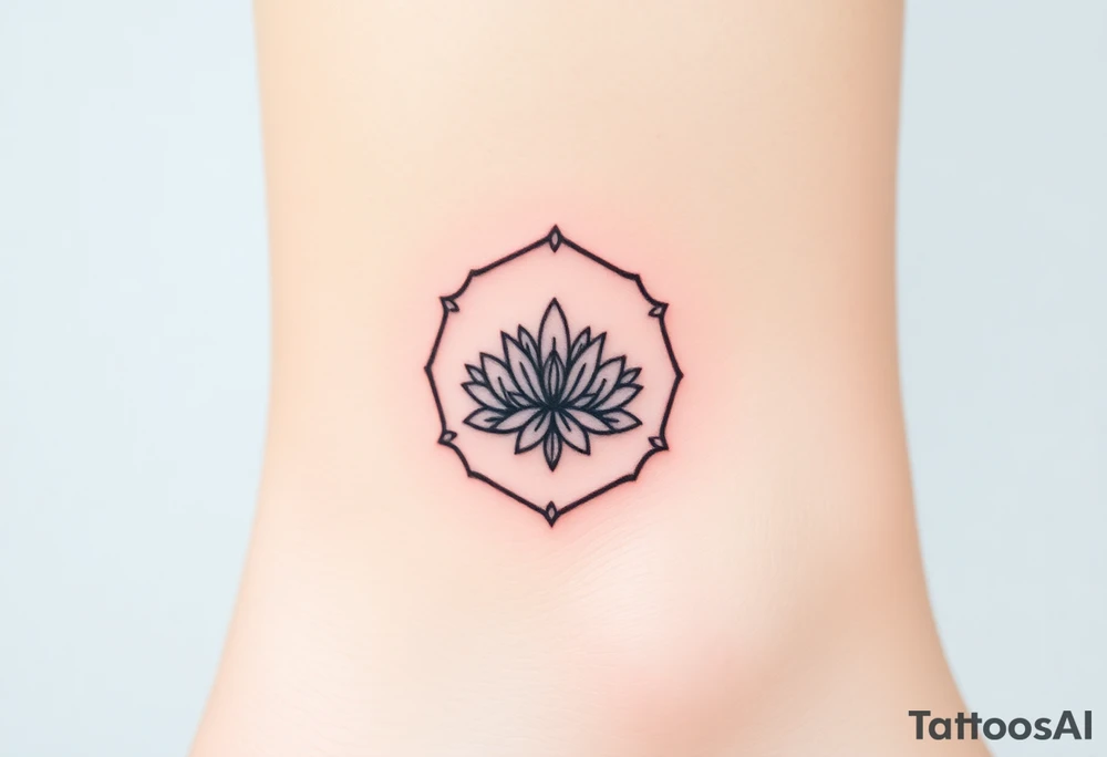 Faint Hexagon with astrological sign for Leo, larkspur and water lilies in the center tattoo idea