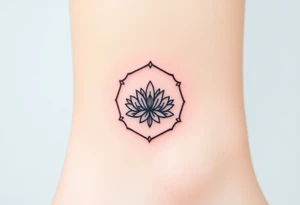 Faint Hexagon with astrological sign for Leo, larkspur and water lilies in the center tattoo idea