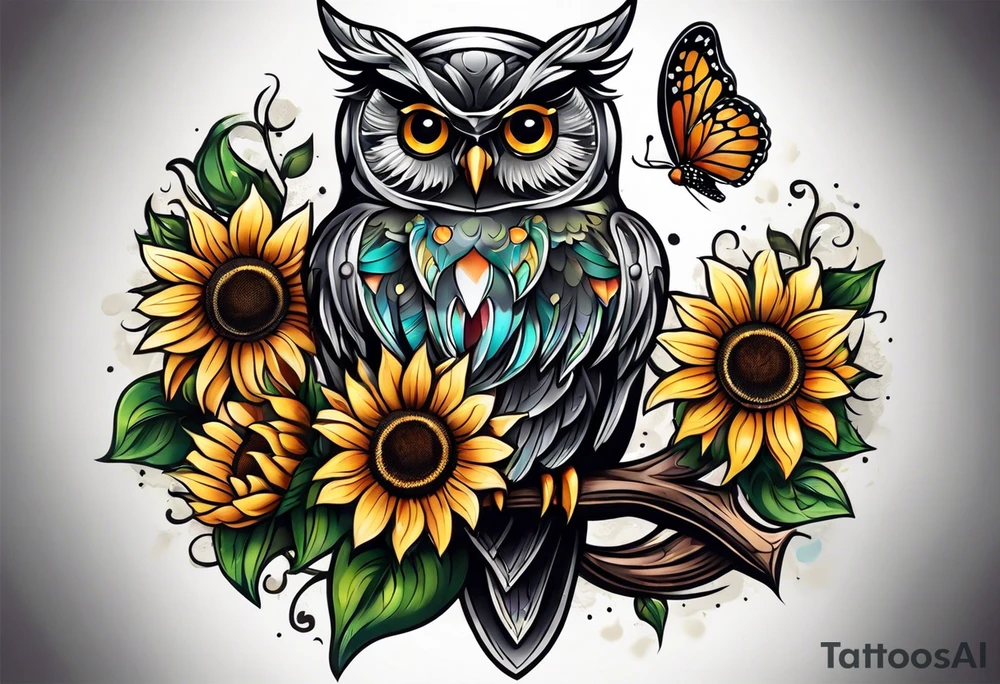 Small owl with butterfly and sunflower leg sleeve tattoo idea