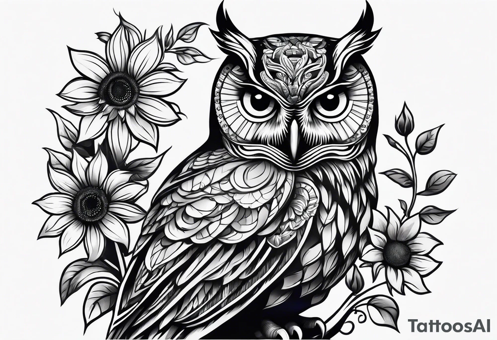 Black and white owl with sunflowers leg sleeve tattoo idea