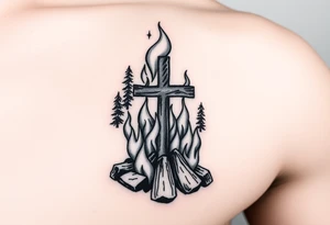 Campfire with cross hidden in the flames include the great outdoors tattoo idea