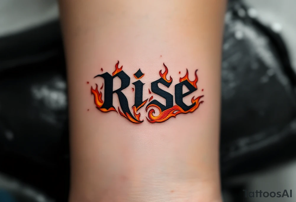 “Rise” in charcoal black capital letters, with burnt orange flames curling around the base above knee. tattoo idea