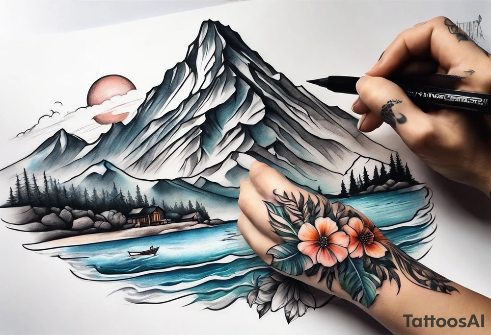 hand sleeve tatto flower beach mountain tattoo idea