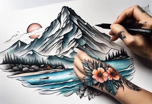 hand sleeve tatto flower beach mountain tattoo idea