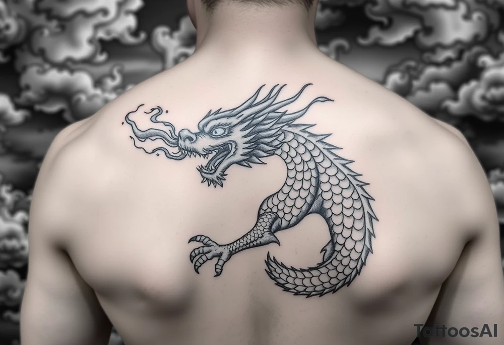 fierce dragon breathing iridescent fire against stormy skies tattoo idea