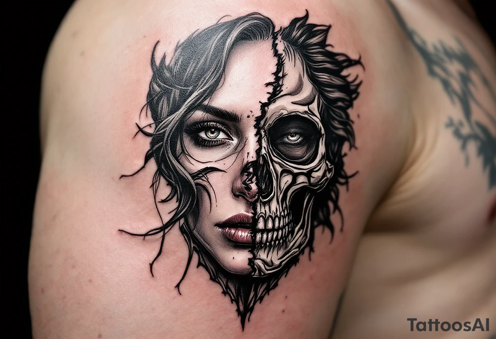 Half female half skull portrait tattoo tattoo idea