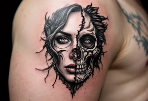 Half female half skull portrait tattoo tattoo idea