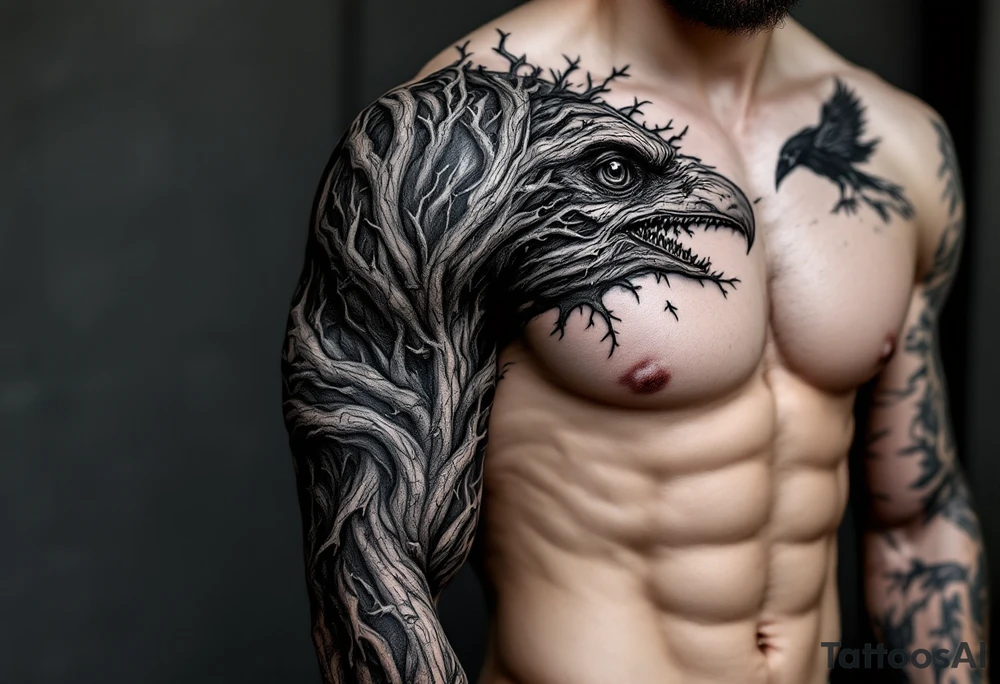 Entire arm tattooed like tree bark with face carved into it and a raven on the shoulder and chest tattoo idea