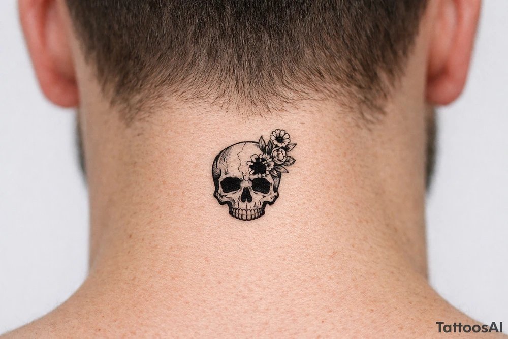 Skull with bullet hole, flowers erupting from the exit wound. tattoo idea