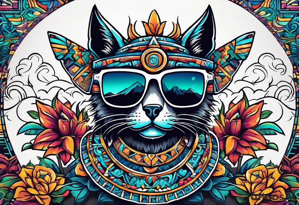 Colorful Mayan hieroglyph wearing sunglasses with bats and water tattoo idea