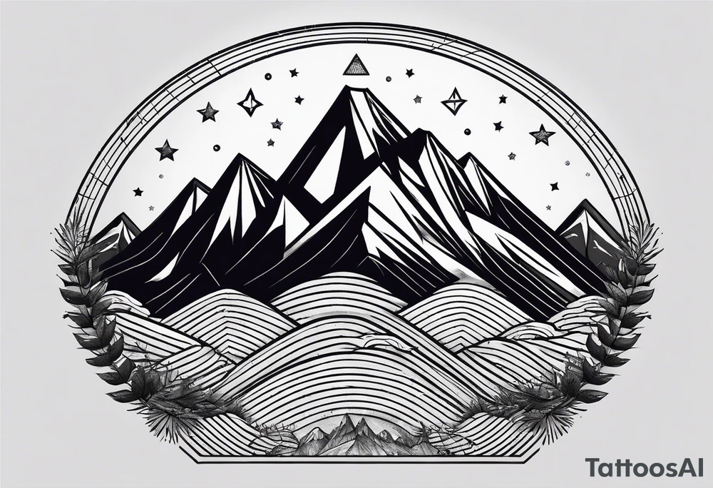Mountain Massif, one Peak, only peak surrounded woth semi circle dashed Line, in semi circle two littel fine Stars, waves overlapping in Side, Open geometrical Forms Like Diamond with Open lines tattoo idea
