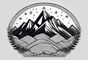 Mountain Massif, one Peak, only peak surrounded woth semi circle dashed Line, in semi circle two littel fine Stars, waves overlapping in Side, Open geometrical Forms Like Diamond with Open lines tattoo idea