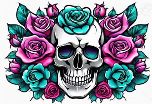roses, skulls, teal, pink, purple tattoo idea