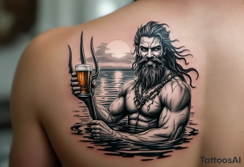 young, smiling, fit poseidon in calm water, holding a trident, drinking a beer, with sunset tattoo idea