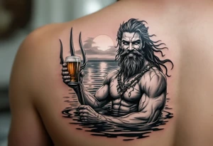 young, smiling, fit poseidon in calm water, holding a trident, drinking a beer, with sunset tattoo idea
