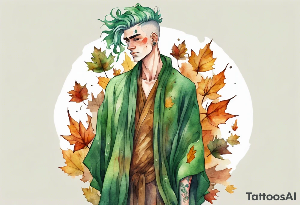 A tall, beautiful 19 year old man with autumn leaves in his green hair hair, skin like tree bark, and a floral robe. tattoo idea