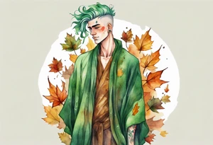 A tall, beautiful 19 year old man with autumn leaves in his green hair hair, skin like tree bark, and a floral robe. tattoo idea