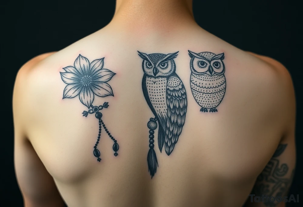 Flower, feather, Mardi Gras beads and a owl 
Sleeve tattoo idea