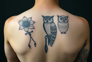 Flower, feather, Mardi Gras beads and a owl 
Sleeve tattoo idea