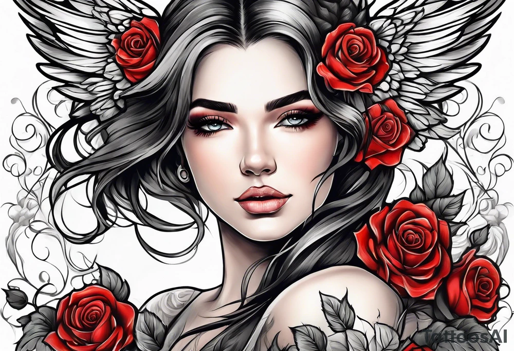 Beautiful woman angle with wings surrounded by roses tattoo idea